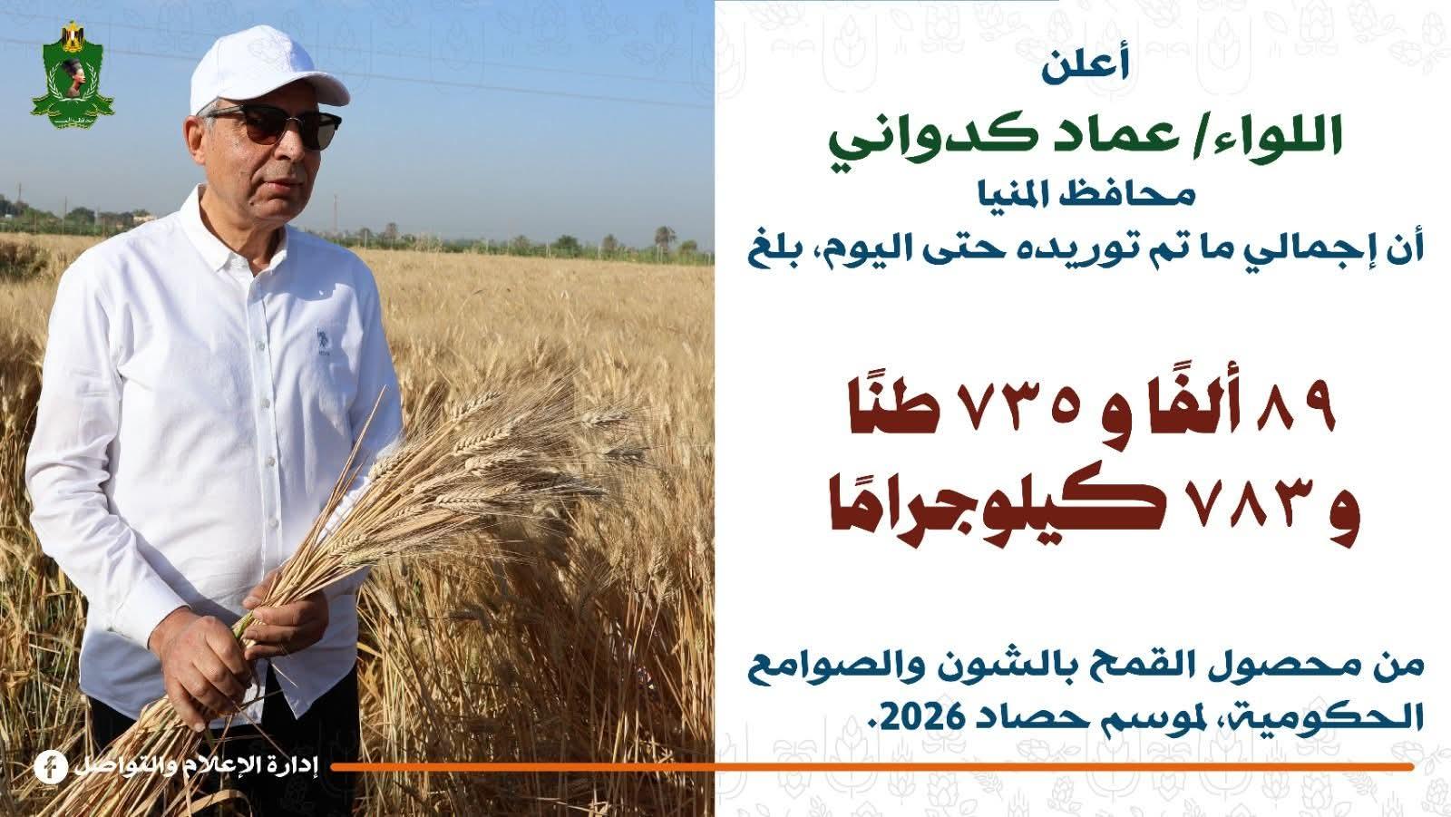 محافظ المنيا: توريد أكثر من 89 ألف طن قمح إلى الصوامع والشون منذ انطلاق موسم 2026